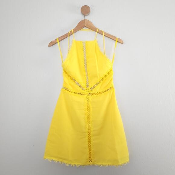 NBD Revolve Chels Halter Lace-Up Back Mini Dress Yellow Lattice Cutout S NWT - Picture 3 of 12